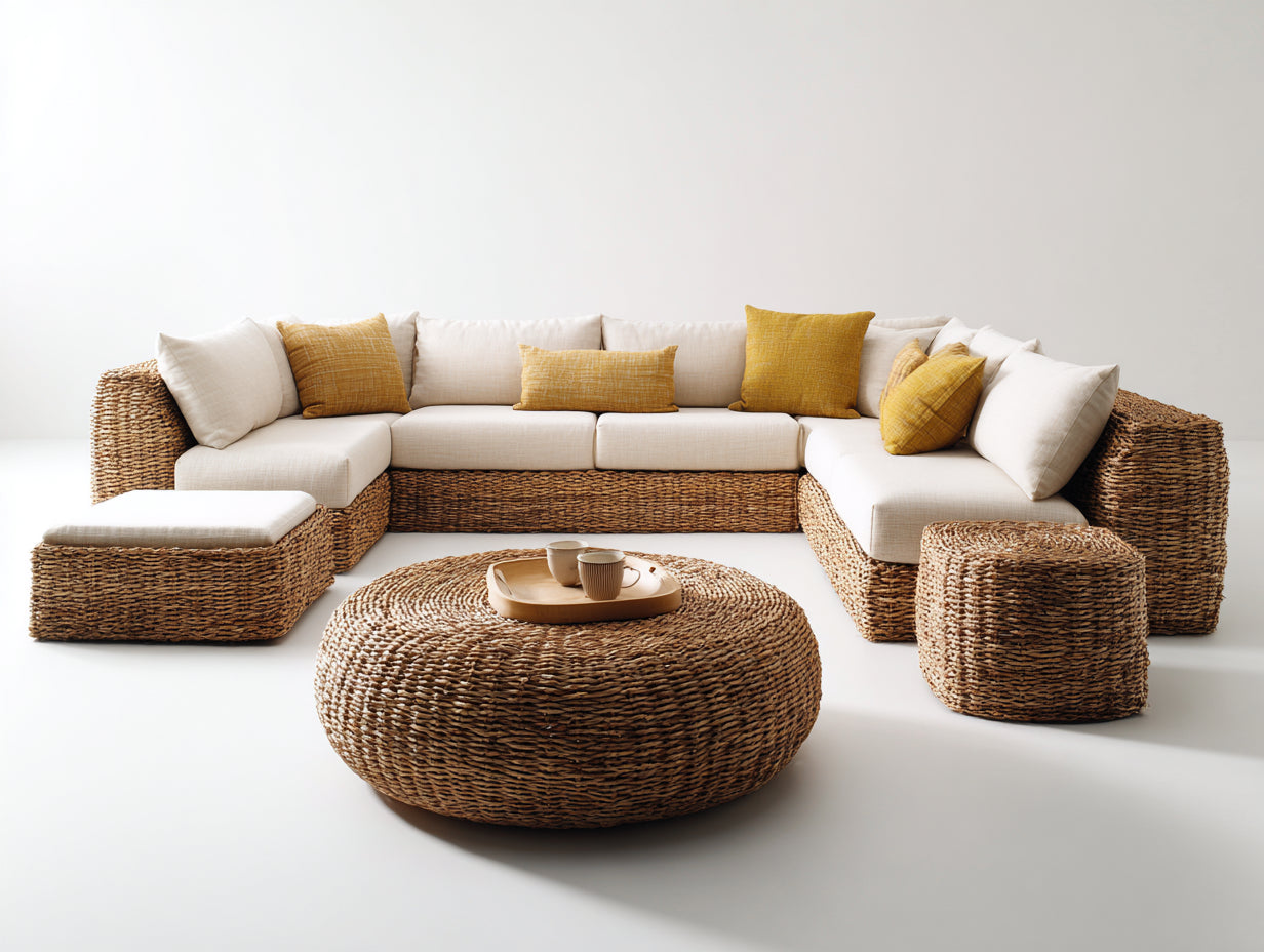 Sofás de exterior modular de fibra trenzada 320 x 320 x 70 cm - beige y blanco - diseño natural para jardín