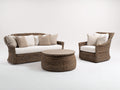 Sofás de exterior de ratán sintético 220x85x78 cm marrón y blanco con sillón y mesa de centro estilo natural