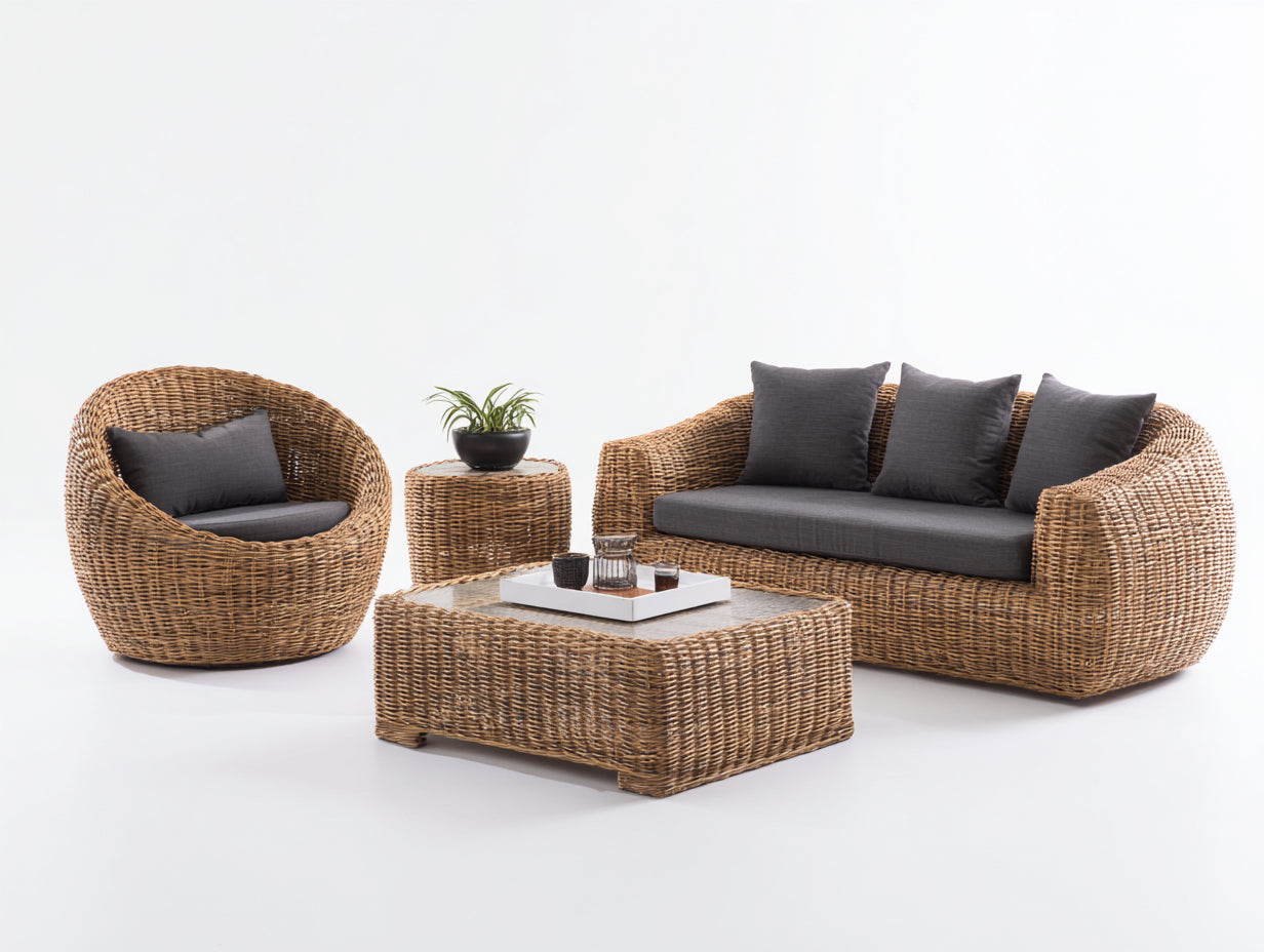 Conjunto de sofás de exterior de ratán sintético 210x95x85 cm - Marrón natural y gris oscuro - Diseño curvo de 4 piezas