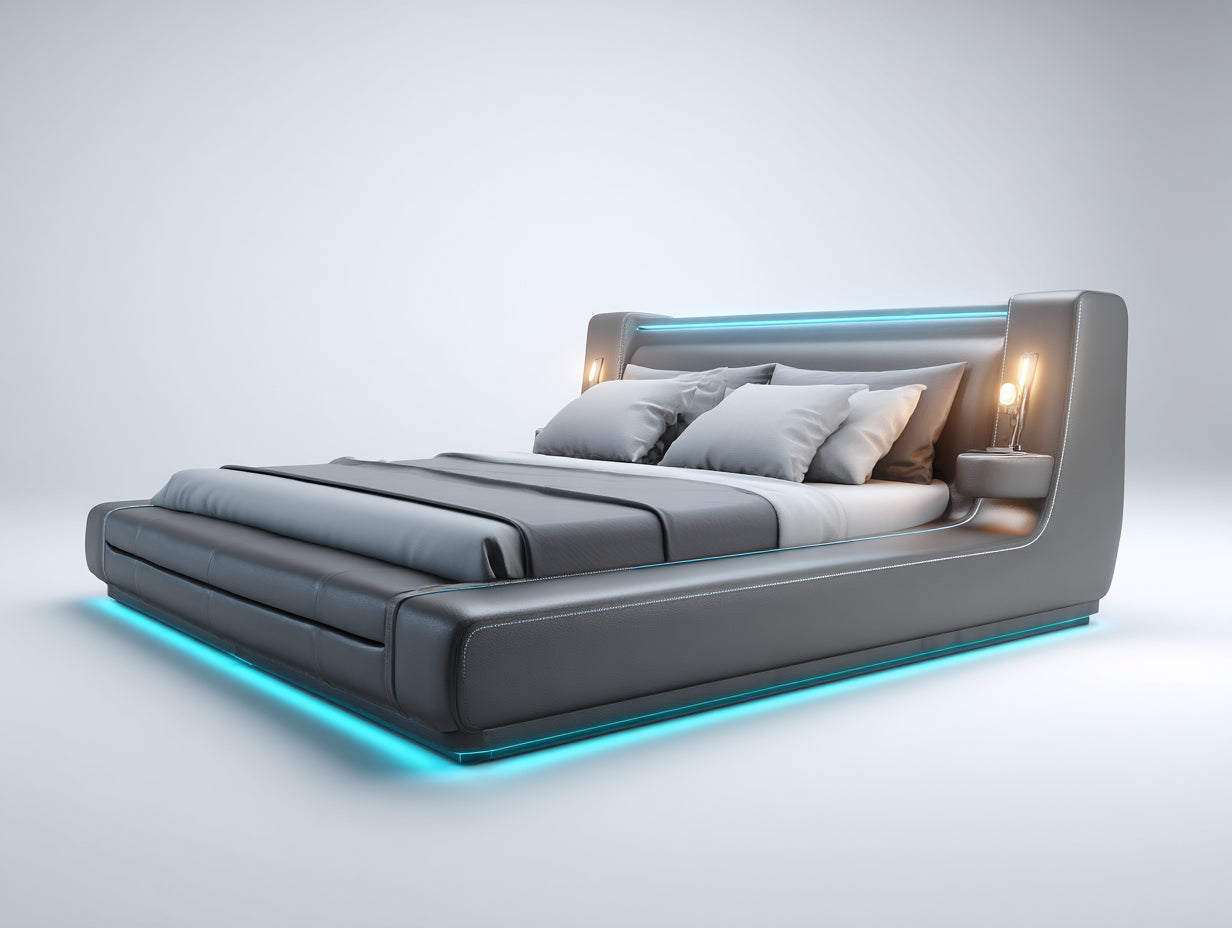 Cama doble tapizada 220x180x100 cm gris con iluminación LED integrada estilo moderno