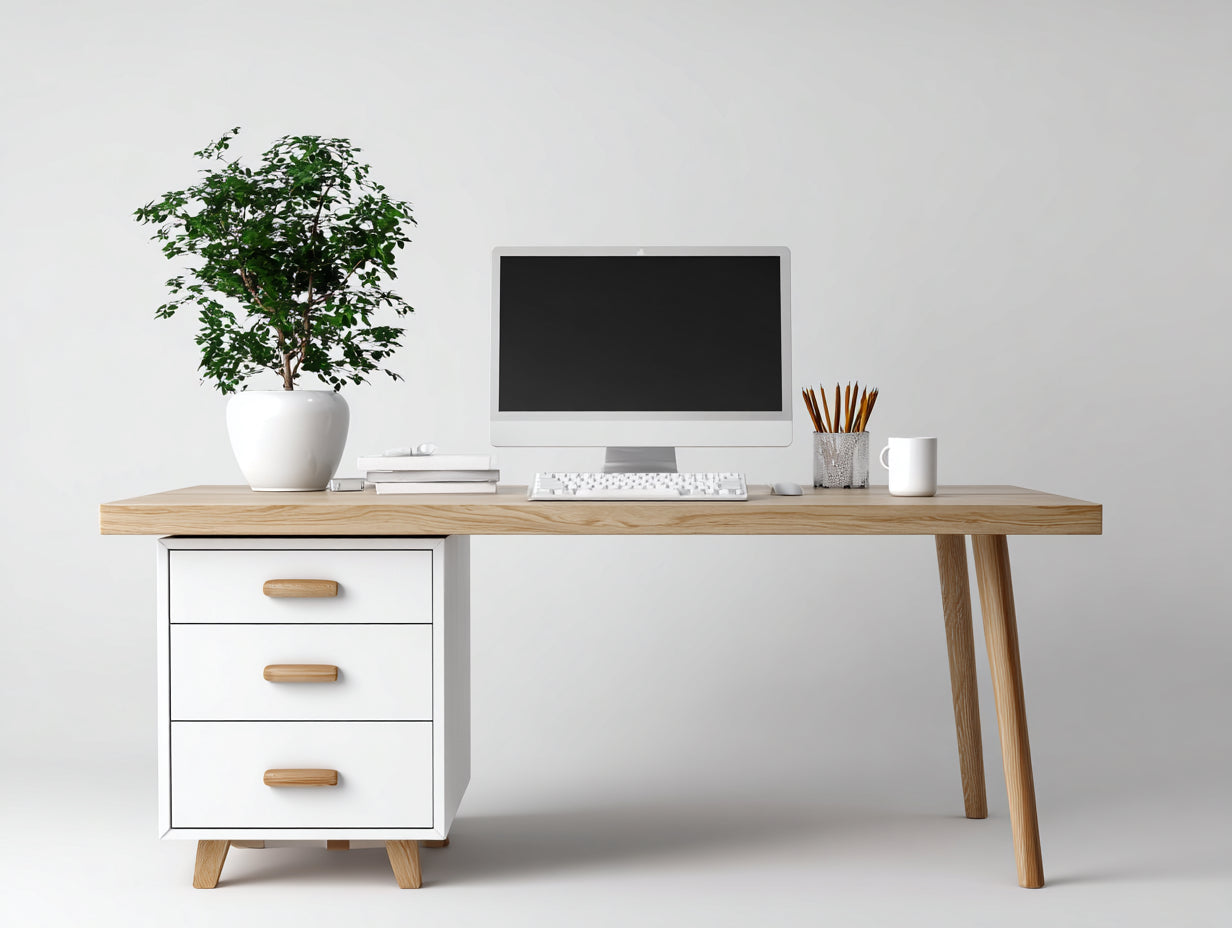 Escritorio de oficina 160x60x75 cm blanco y natural con 3 cajones estilo moderno