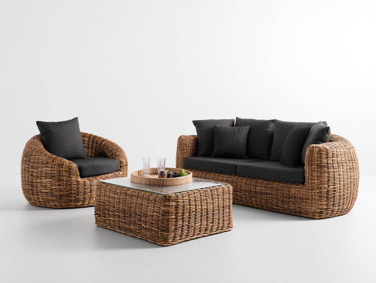 Sofás de exterior de ratán trenzado 220 x 95 x 78 cm - Marrón natural y negro - Con sillón y mesa de centro