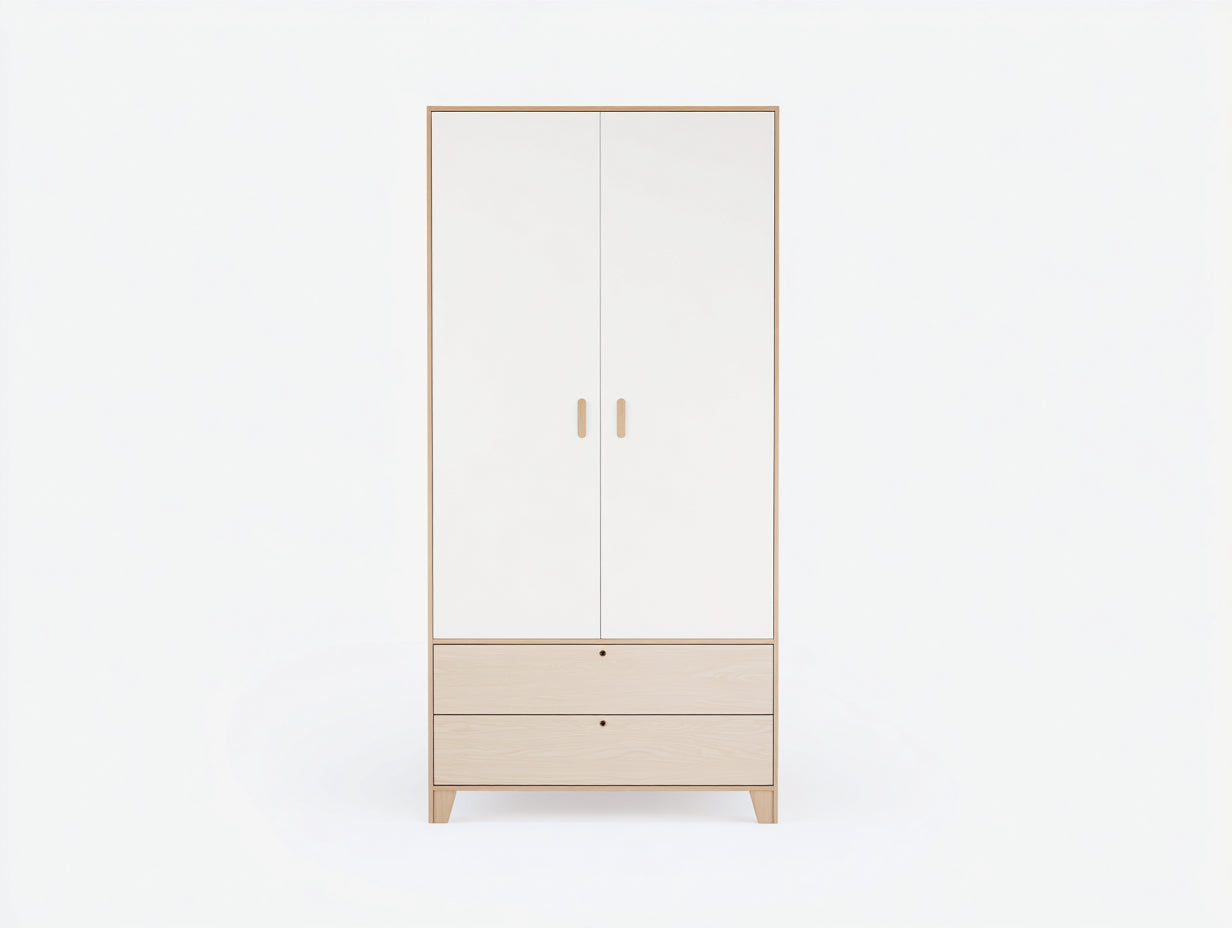 Armarios - madera 90 x 45 x 190 cm - blanco y madera natural - armario de dos puertas con cajones para dormitorio