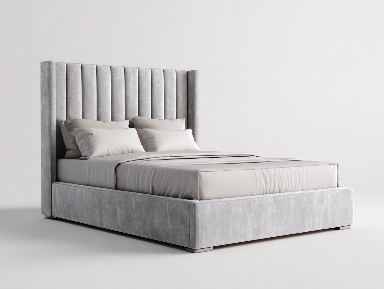 Cama doble tapizada 220x180x115 cm - Color gris claro - Diseño moderno con cabecero alto acolchado