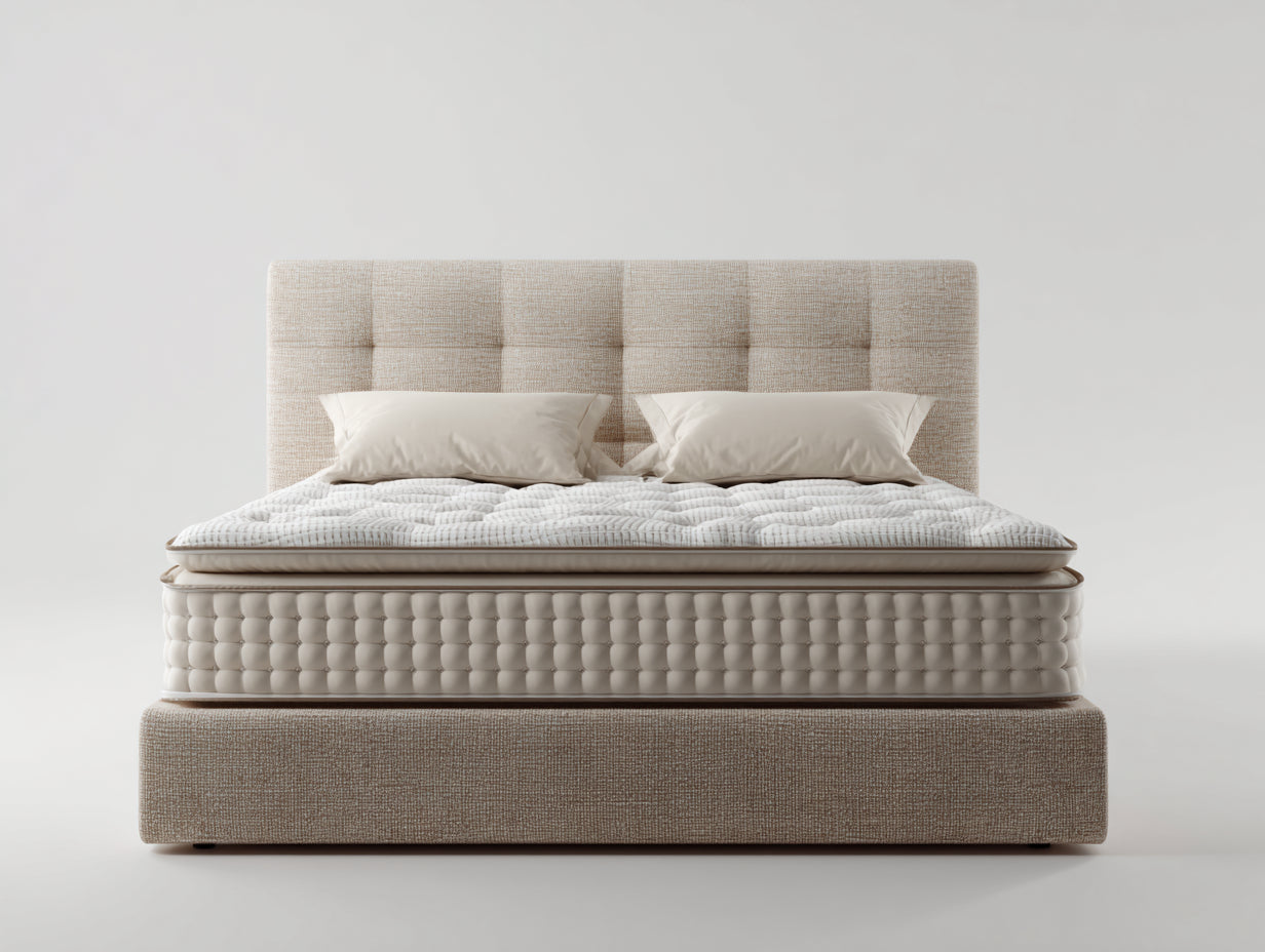 Cama doble tapizada 220x180x110 cm - Color beige - Diseño elegante con cabecero acolchado