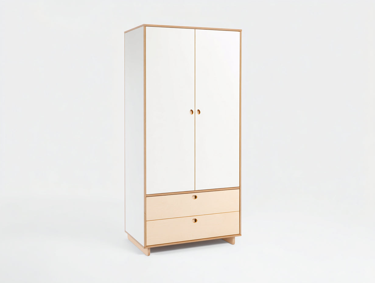 Armarios de madera con puertas y cajones 90x45x180 cm - Blanco y madera natural - Diseño moderno