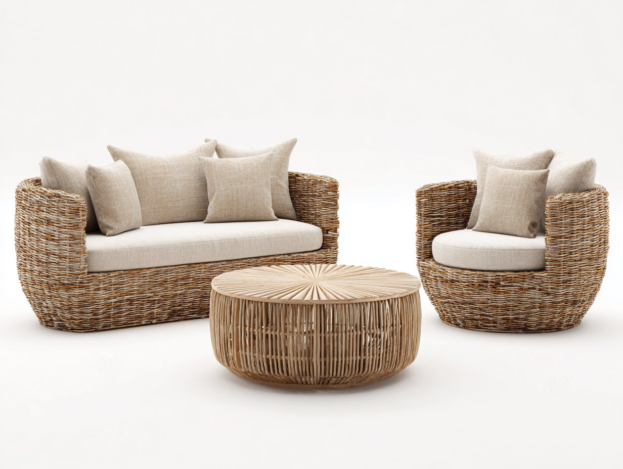 Sofás de exterior de ratán sintético 185x85x78 cm - Beige y marrón natural - Conjunto de 3 piezas con mesa redonda para terraza
