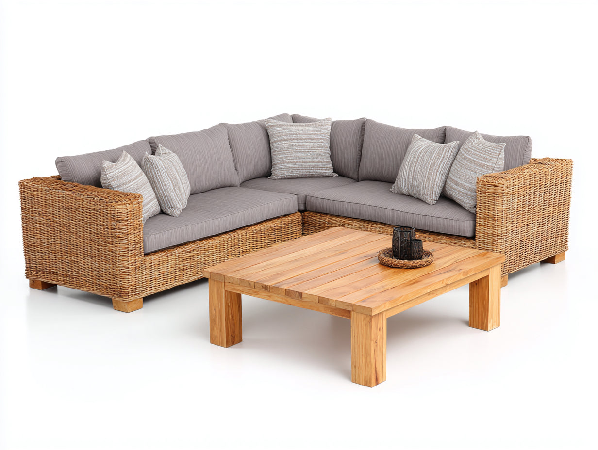 Sofás de exterior esquinero de fibra trenzada y madera 270 x 270 x 75 cm - marrón y gris - con mesa baja