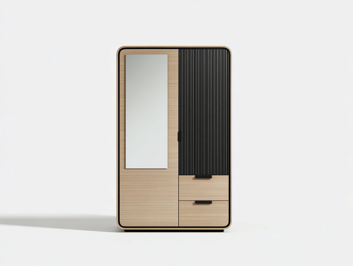 Armario de madera 120x45x180 cm beige y negro con espejo 2 puertas y 2 cajones estilo moderno