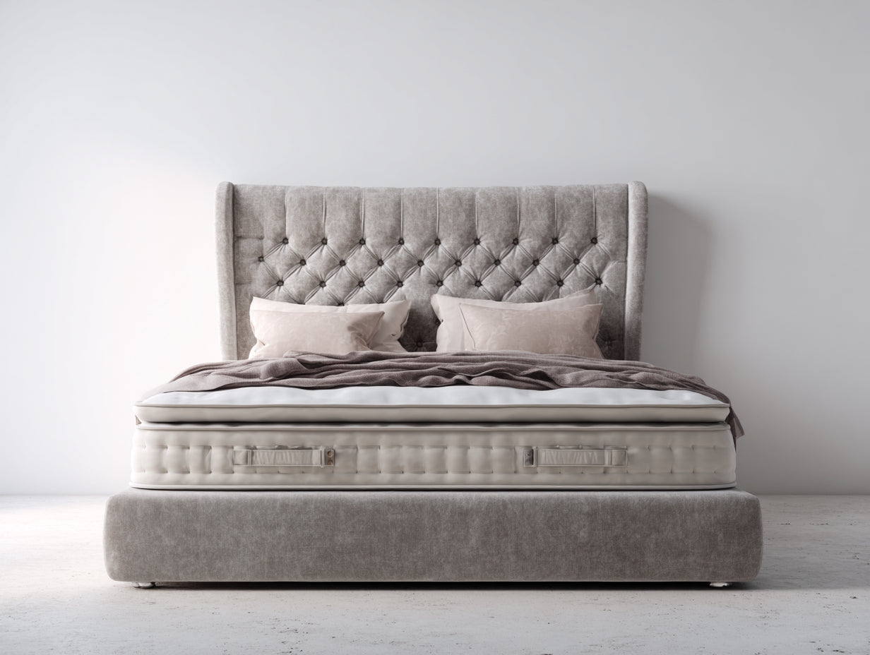 Cama doble tapizada 220x180x110 cm gris con cabecero acolchado estilo clásico