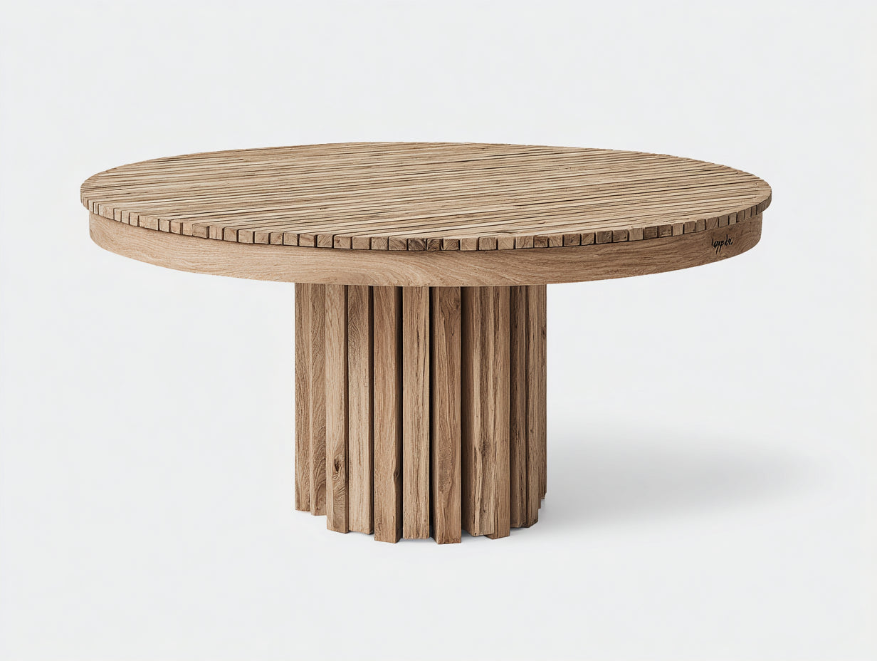 Mesa de jardín de madera 140x140x75 cm - color natural - diseño redondo rústico para exterior